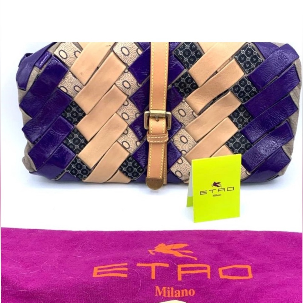 Etro Woven Leather Clutch in Purple, Beige, Black